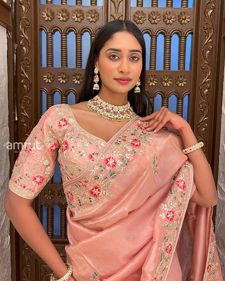 Peach Embroidered Organza Saree with Stitched Blouse