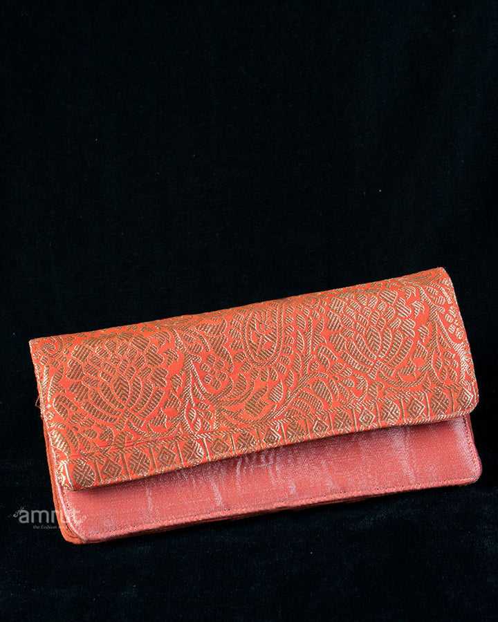 Coral Gold Embossed Floral Clutch