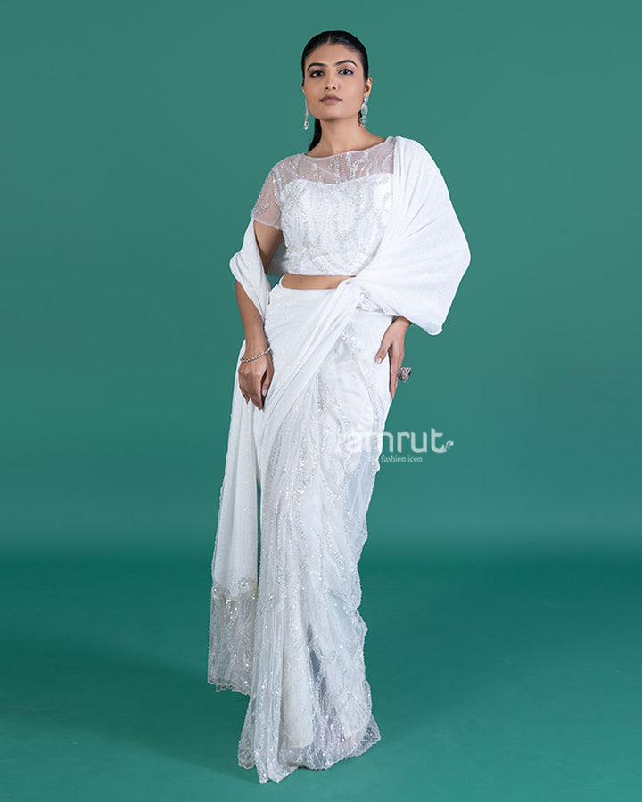 White with Sparkling Sequins Saree and Embellished Cropped Blouse