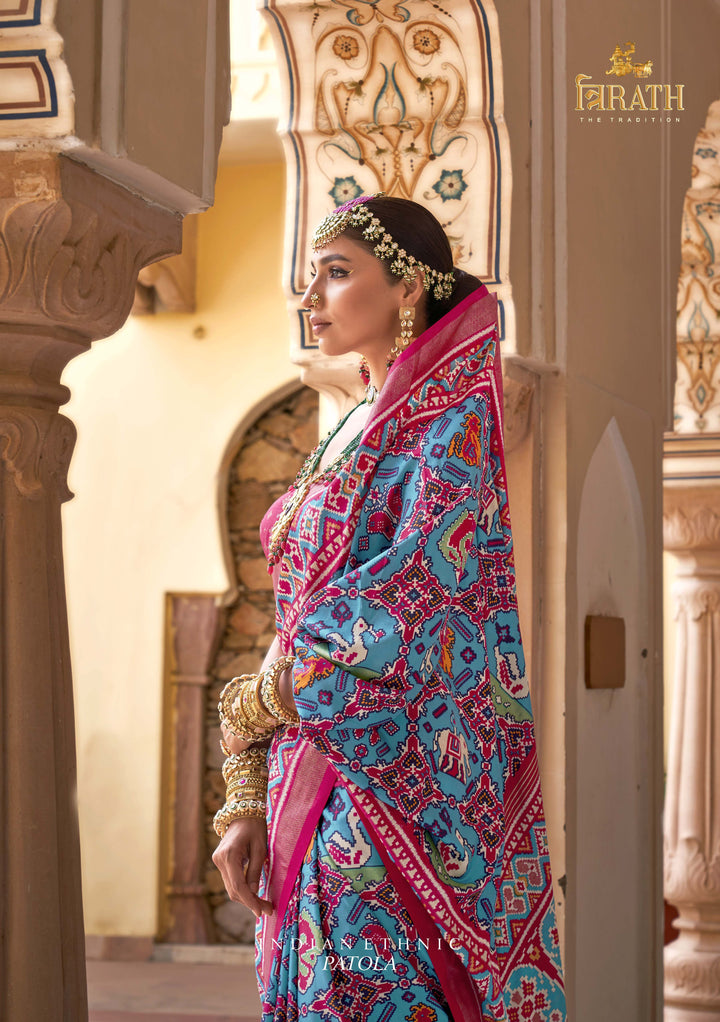 Turquoise & Fuchsia Patola Silk Saree with Geometric Motifs, Paired with Blouse