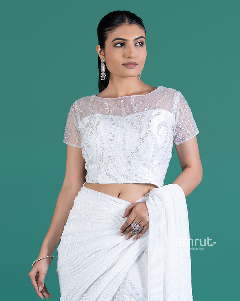 White with Sparkling Sequins Saree and Embellished Cropped Blouse
