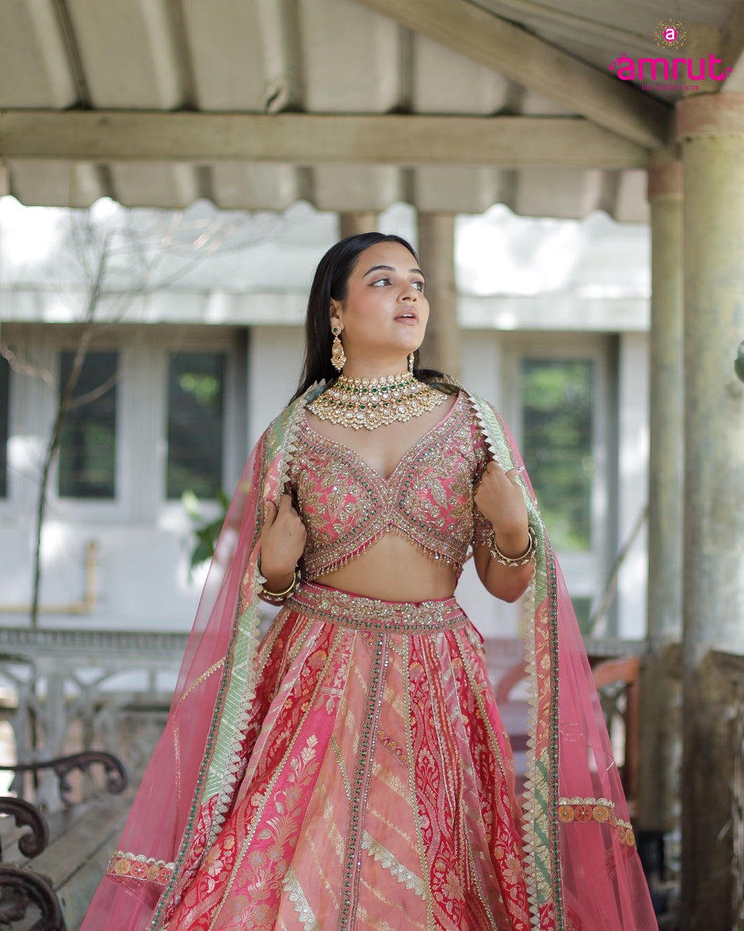 Blush Pink Mirror & Sequin Embroidered Silk Lehenga Set – Festive & Bridal Couture by Amrut