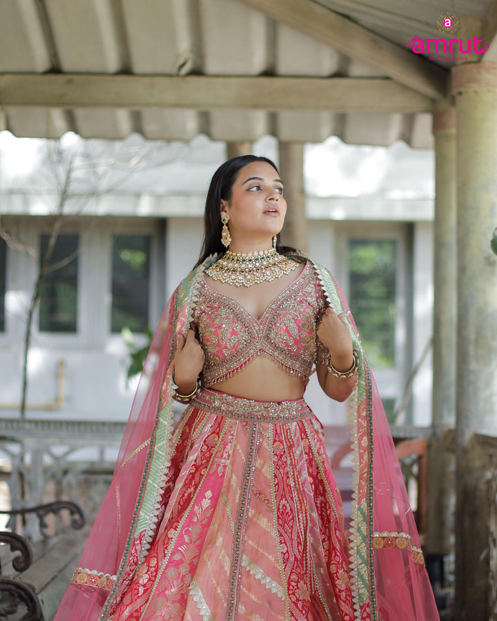 Blush Pink Mirror & Sequin Embroidered Silk Lehenga Set – Festive & Bridal Couture by Amrut