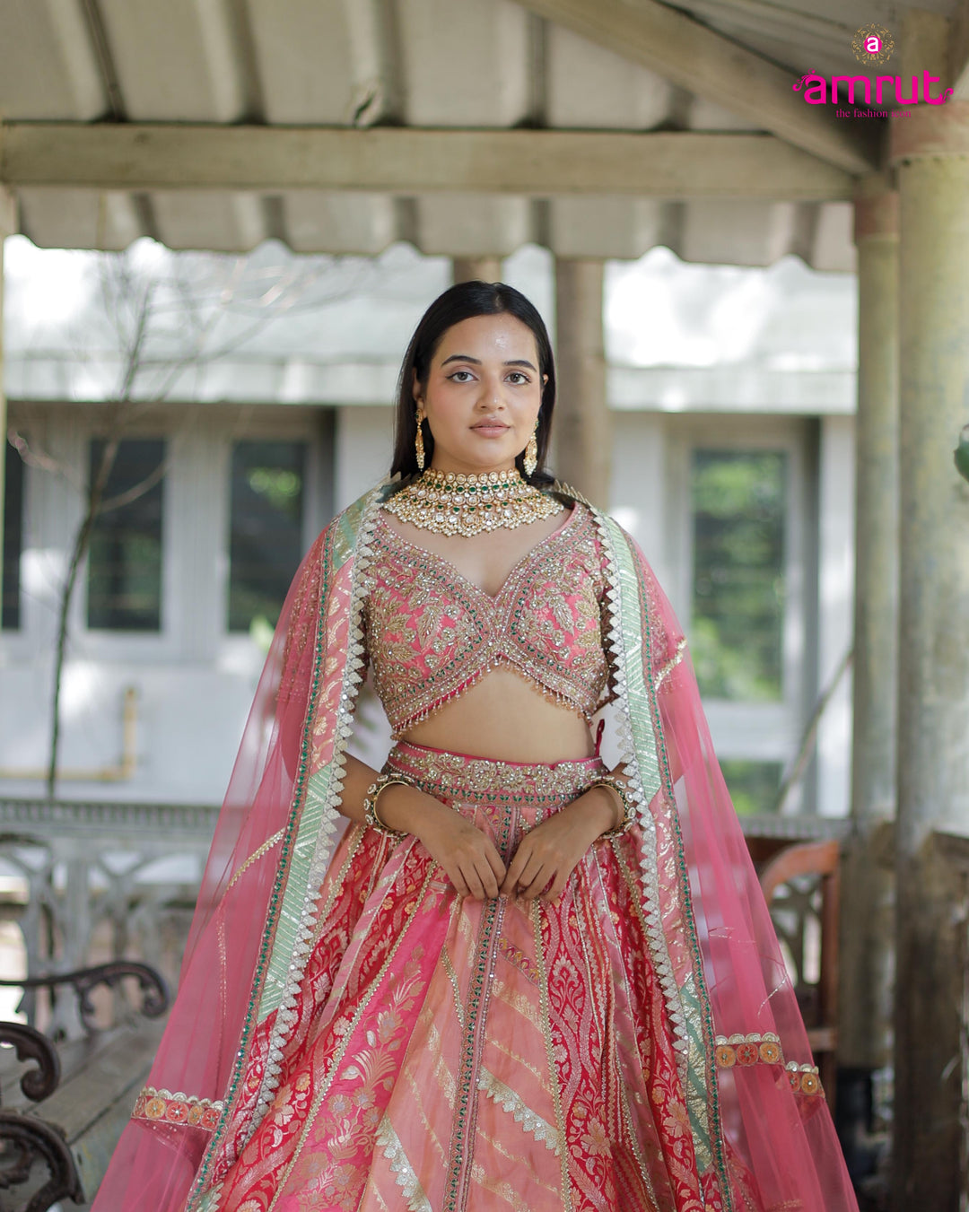 Blush Pink Mirror & Sequin Embroidered Silk Lehenga Set – Festive & Bridal Couture by Amrut