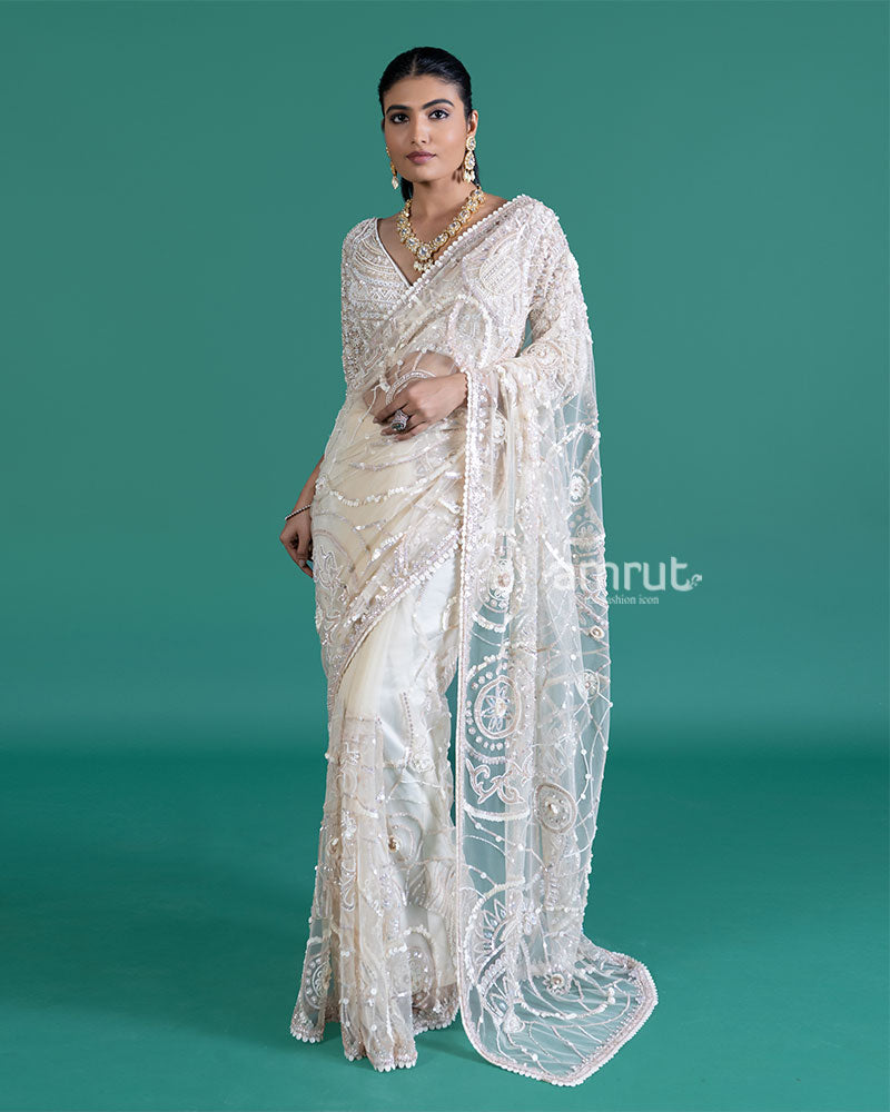 Cream Net Saree with Golden Sequin Embroidery and Matching Blouse