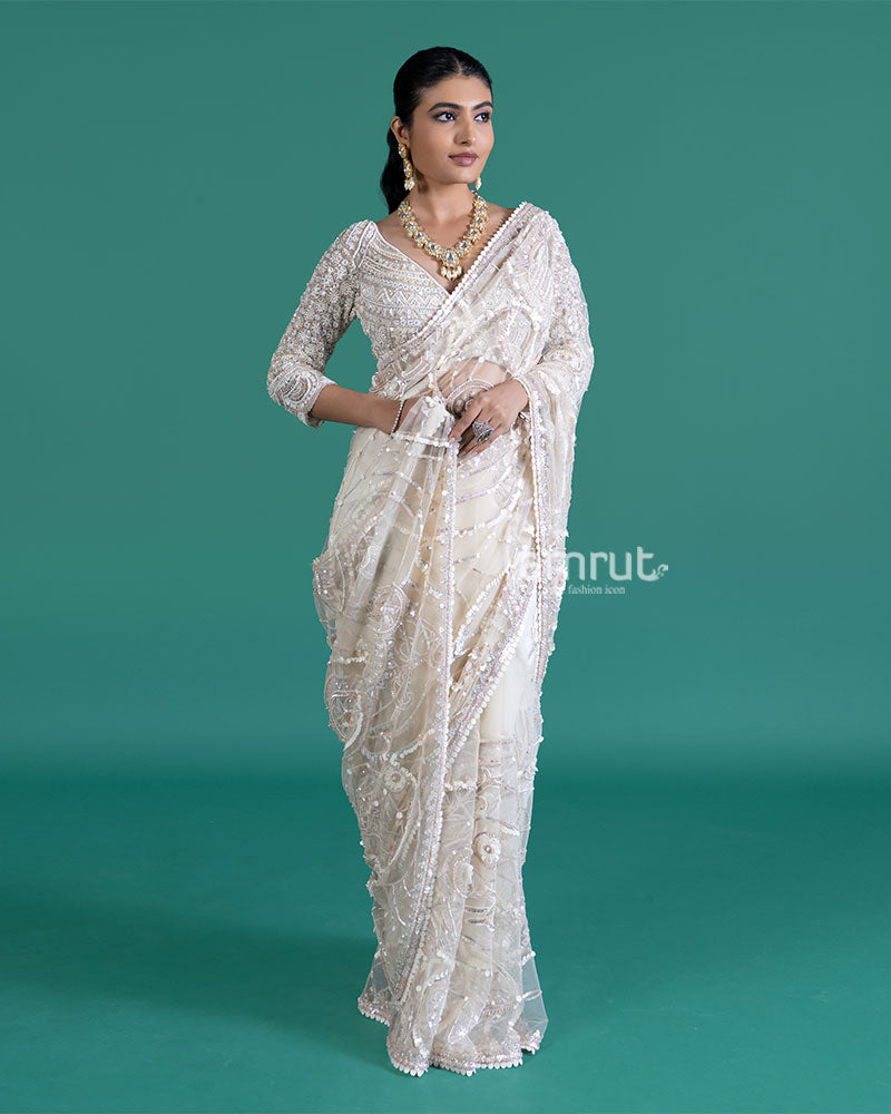 Cream Net Saree with Golden Sequin Embroidery and Matching Blouse