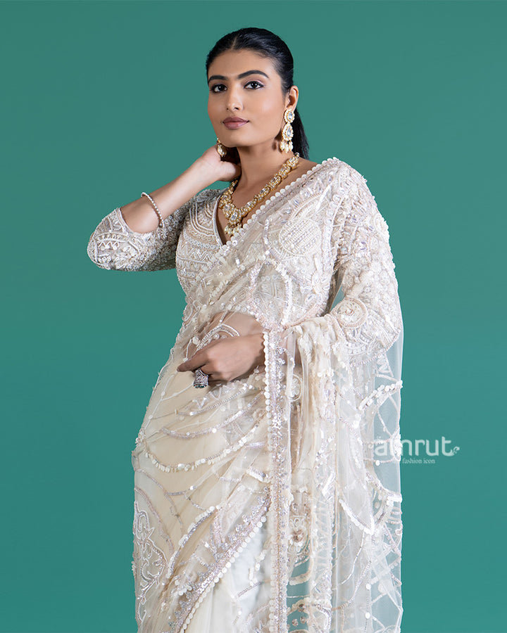 Cream Net Saree with Golden Sequin Embroidery and Matching Blouse