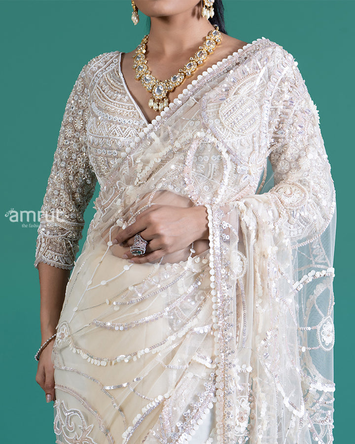 Cream Net Saree with Golden Sequin Embroidery and Matching Blouse