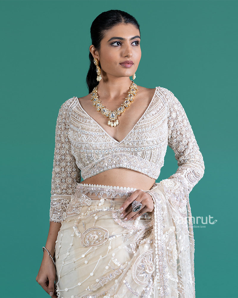 Cream Net Saree with Golden Sequin Embroidery and Matching Blouse