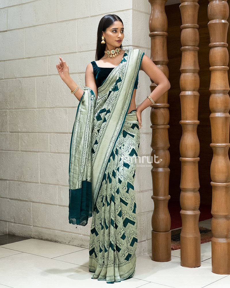 Pista Green and Teal Woven Saree with Contrasting Border and Unstitched Blouse