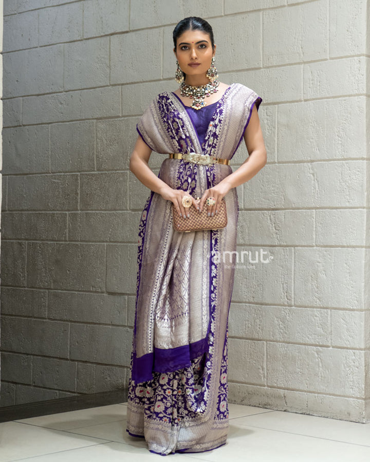 Purple Banarasi Saree with Silver Zari Weaving & Unstitched Blouse