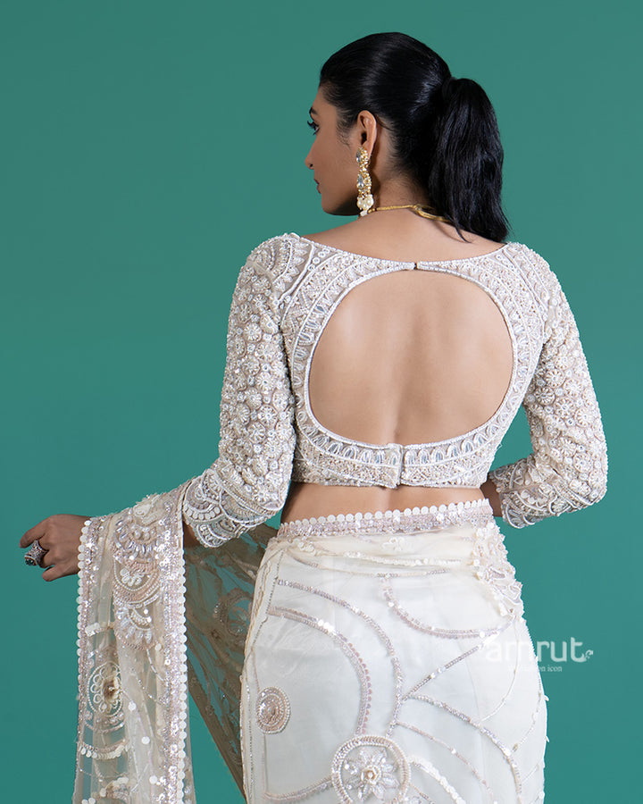 Cream Net Saree with Golden Sequin Embroidery and Matching Blouse