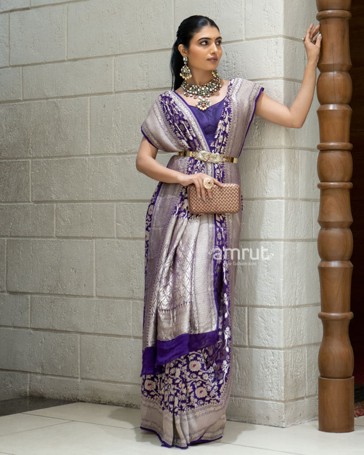 Purple Banarasi Saree with Silver Zari Weaving & Unstitched Blouse