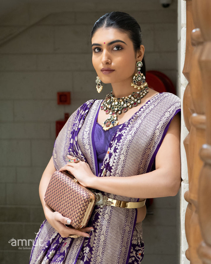 Purple Banarasi Saree with Silver Zari Weaving & Unstitched Blouse