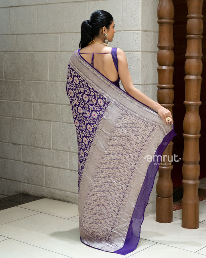 Purple Banarasi Saree with Silver Zari Weaving & Unstitched Blouse