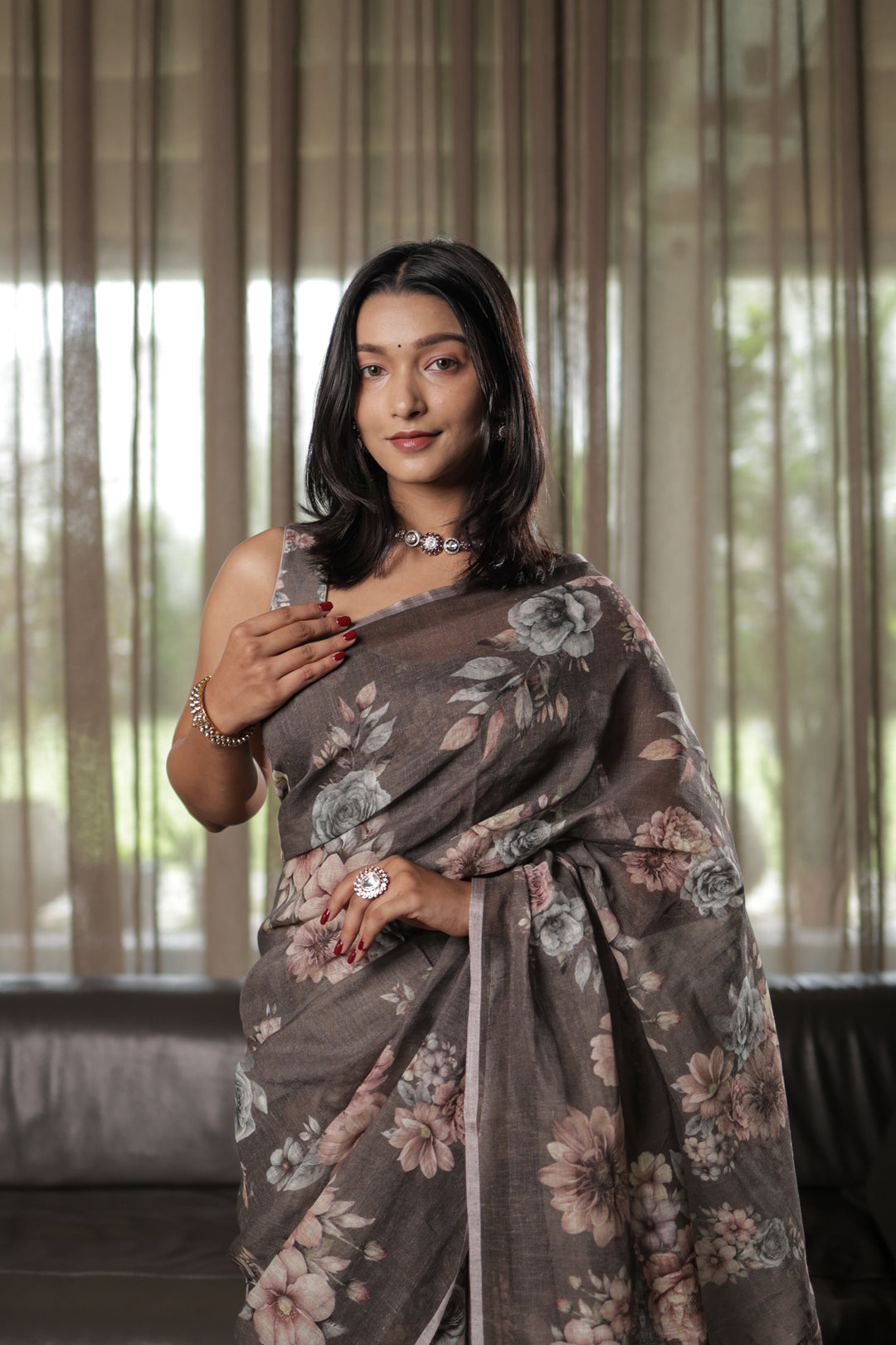 Charcoal Grey Linen Blend Saree with Pastel Floral Digital Print Unstitched Blouse