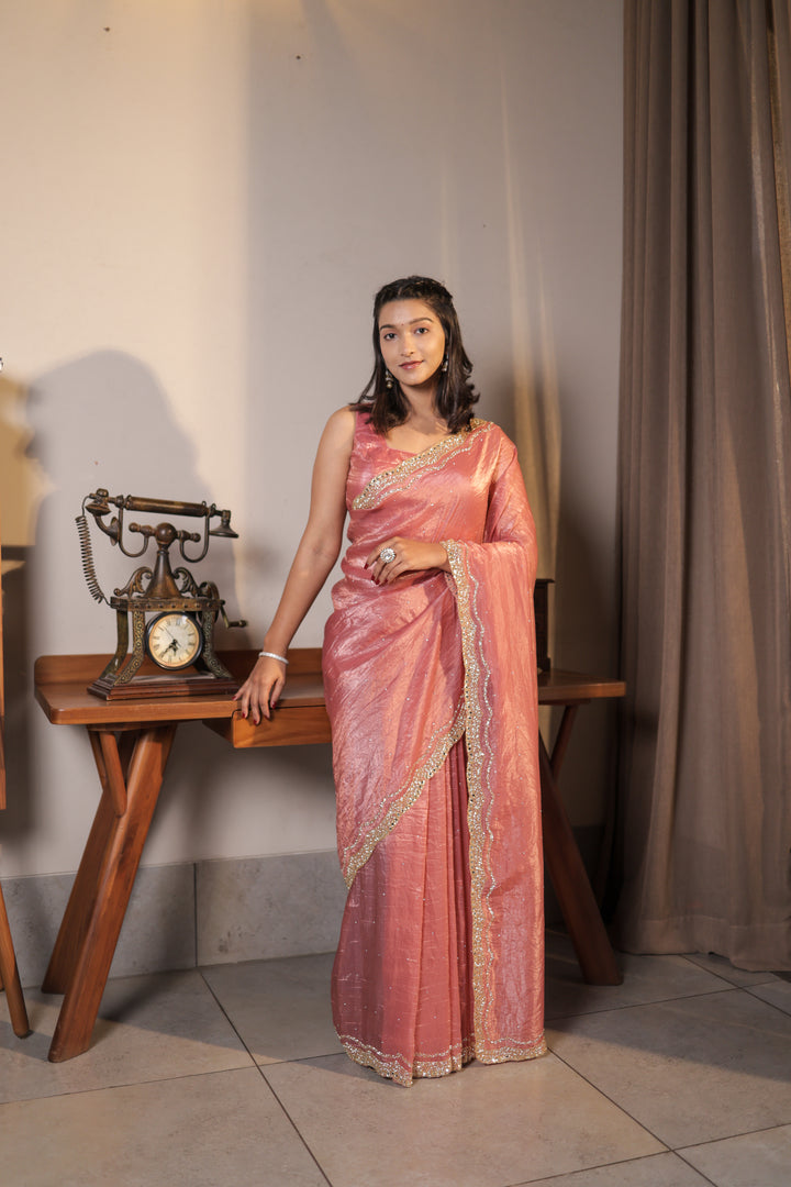 Peach Crushed Tissue Crepe Saree with Hand Work Unstitched Blouse