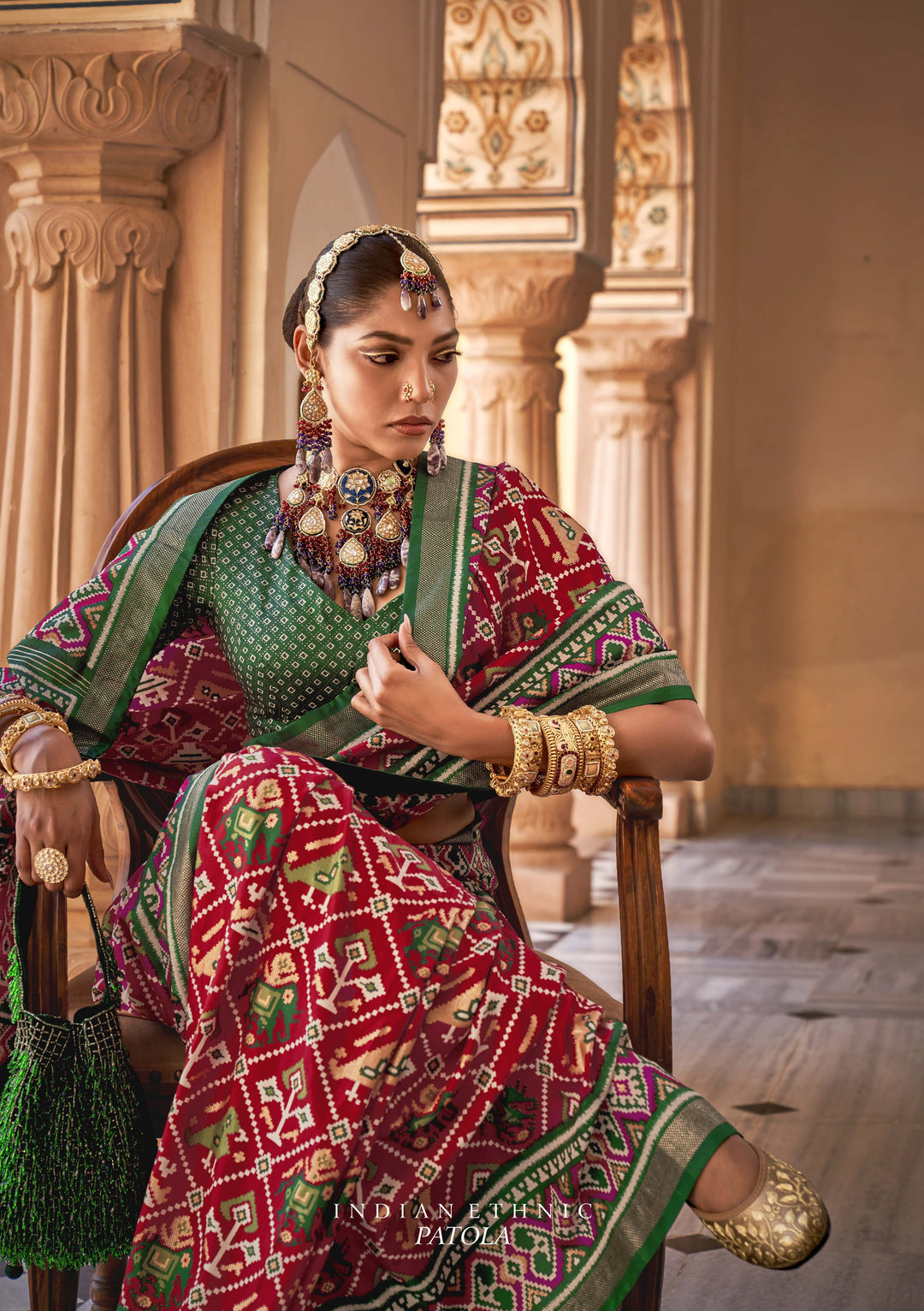 Red & Green Patola Silk Saree with Intricate Double Ikat Print Weaving and Unstitched Blouse
