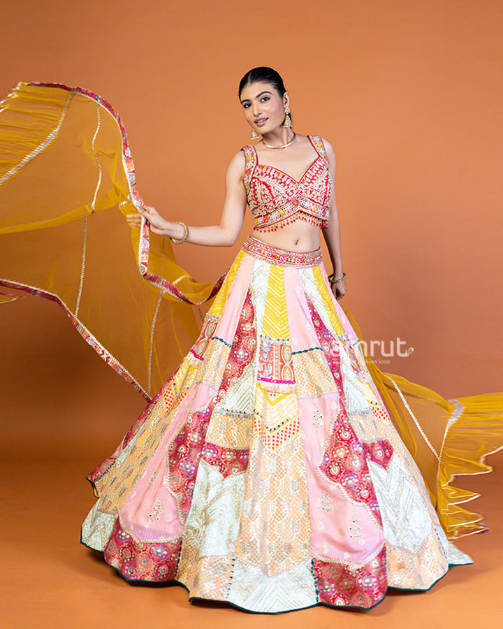 Maroon and Multicolor Embellished Lehenga Choli Set with Mustard Yellow Dupatta