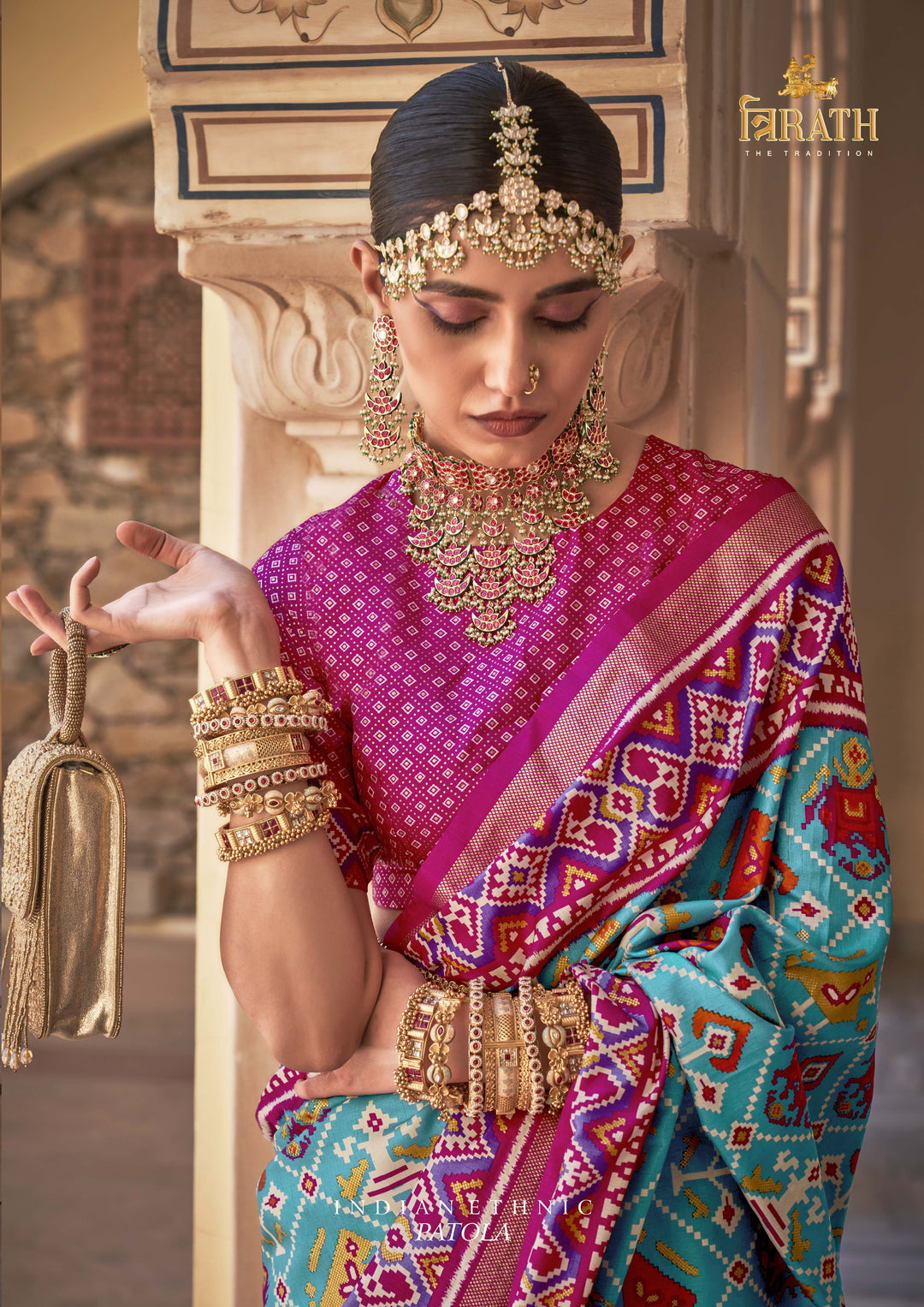 Pink & Teal Printed Patola Silk Saree with Geometric & Floral Double Ikat Weaving, Paired with Matching Unstitched Blouse