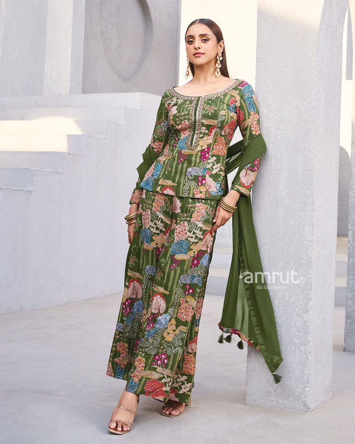 Olive Green Multicolor Printed Kurta Set with Dupatta