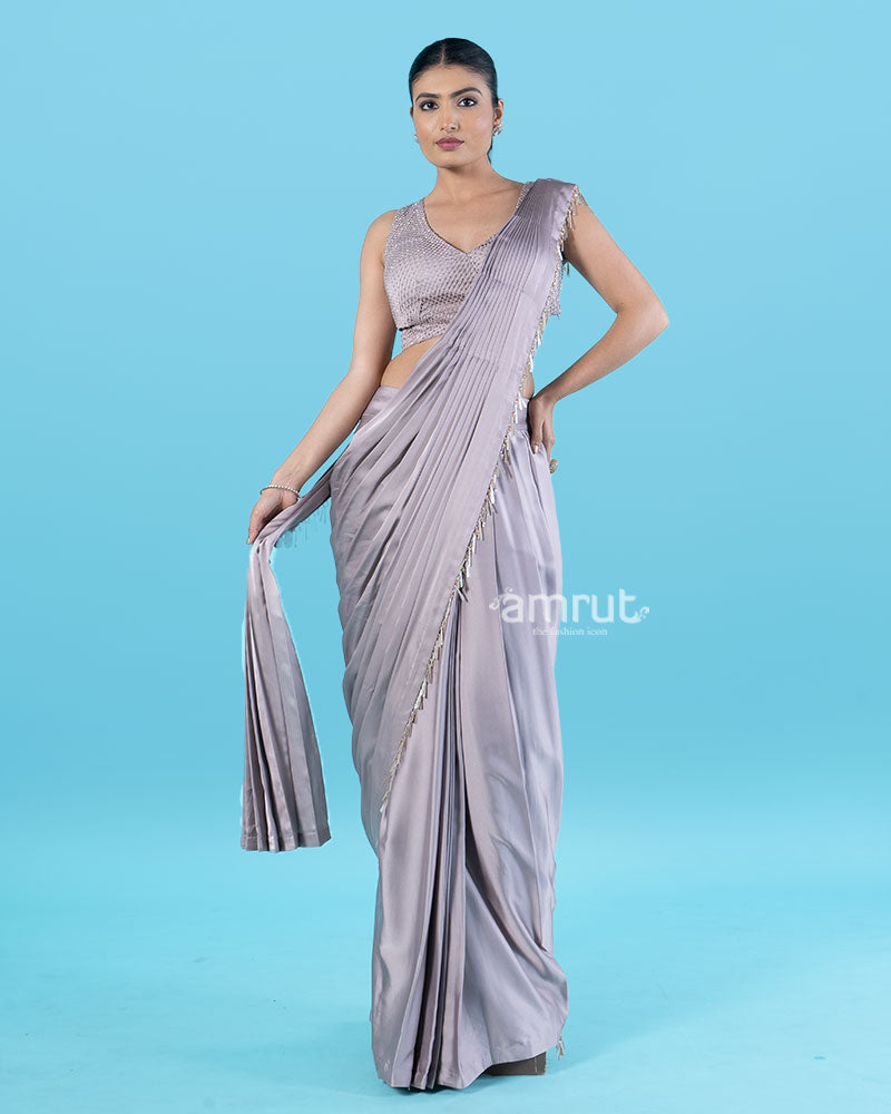 Light Purple Ready-to-Wear Saree with Beaded Fringe Border and Sequined Blouse