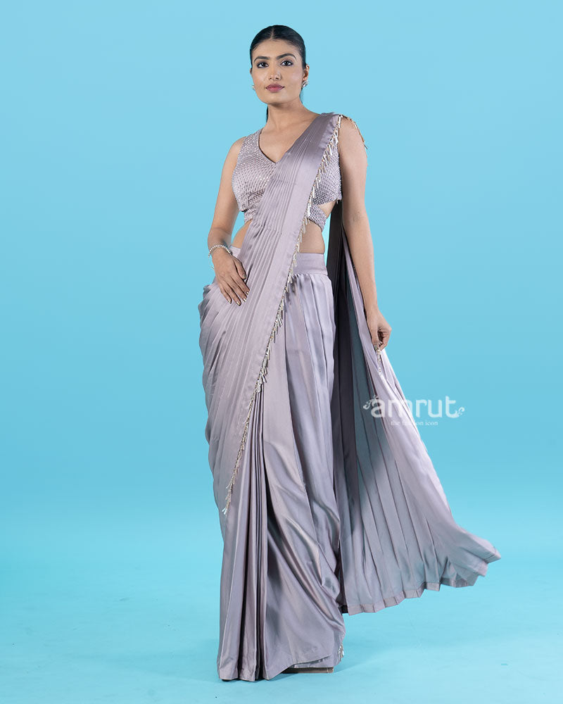 Light Purple Ready-to-Wear Saree with Beaded Fringe Border and Sequined Blouse