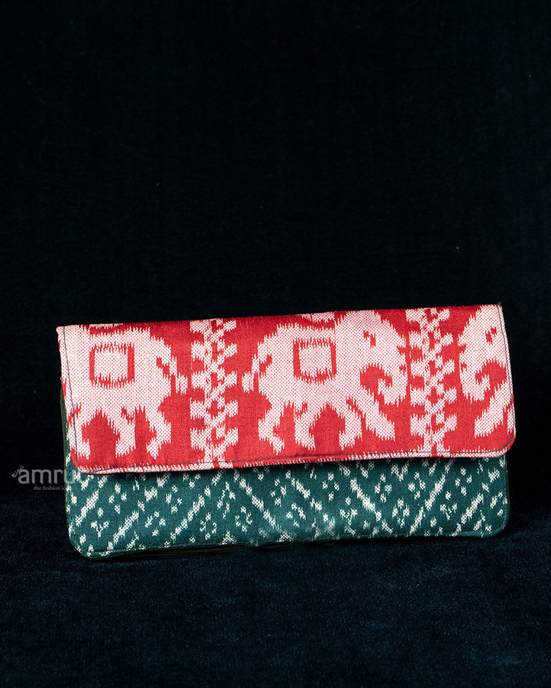 Crimson Elephant and Teal Geometric Printed Clutched