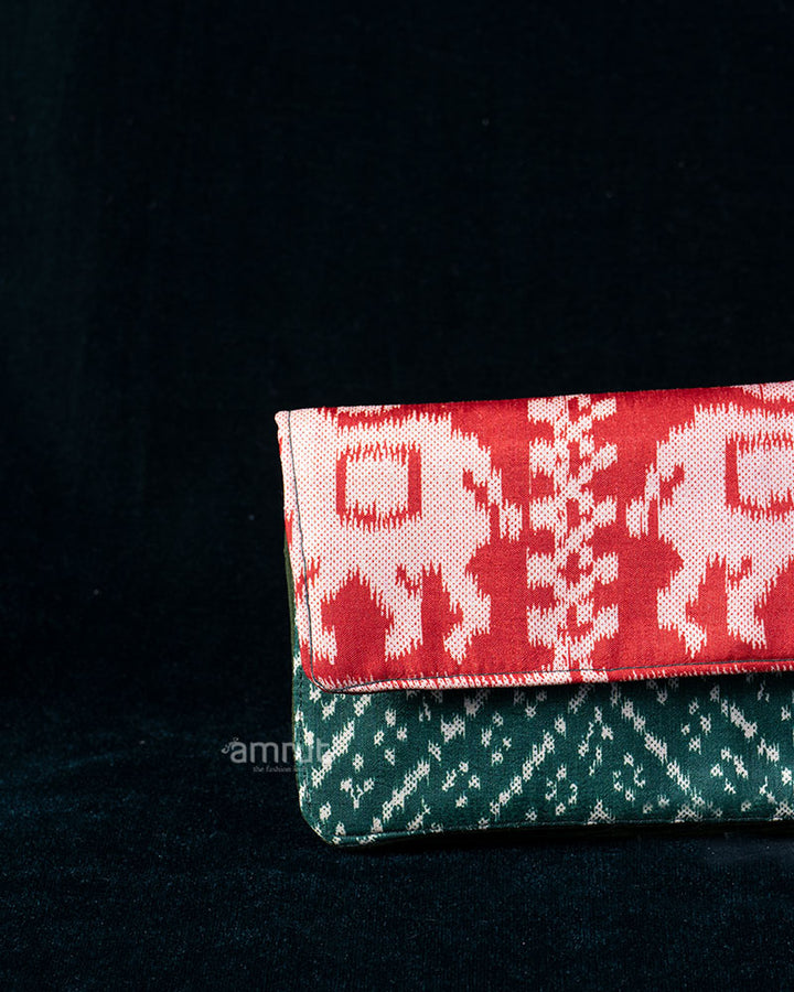 Crimson Elephant and Teal Geometric Printed Clutched