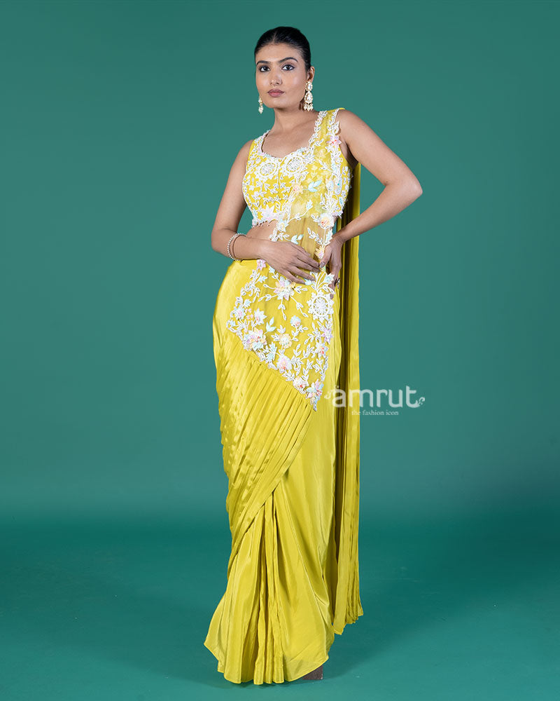 Lime Yellow Ready-to-Wear Saree with Embroidered Crop Blouse