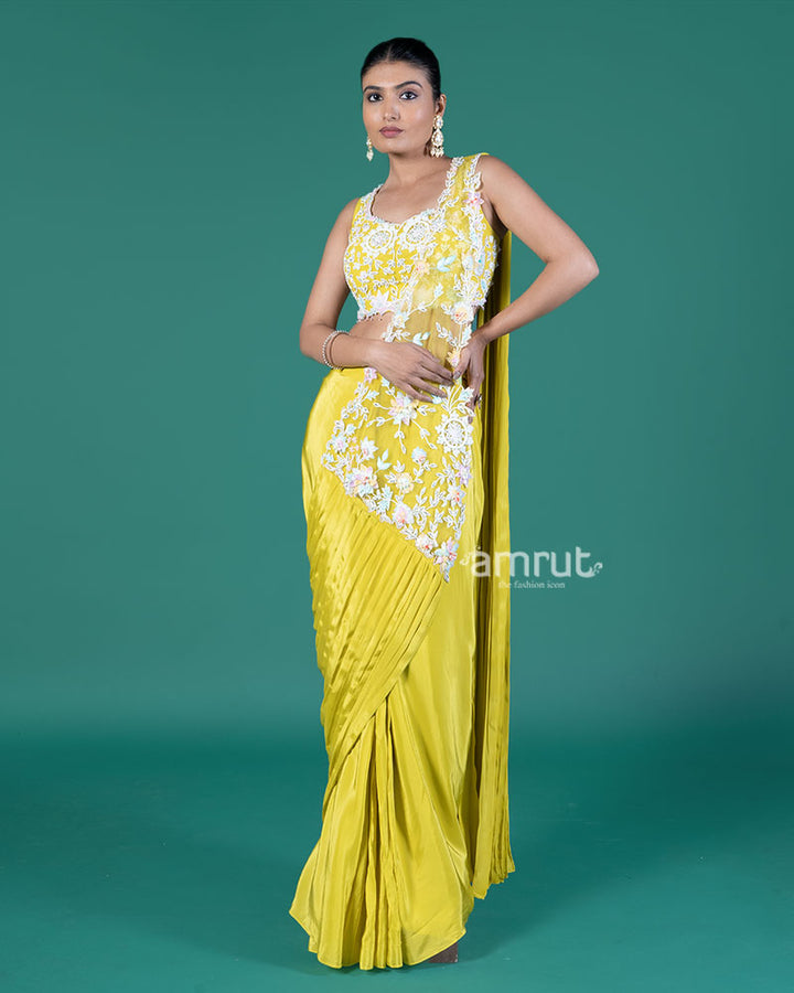Lime Yellow Ready-to-Wear Saree with Embroidered Crop Blouse