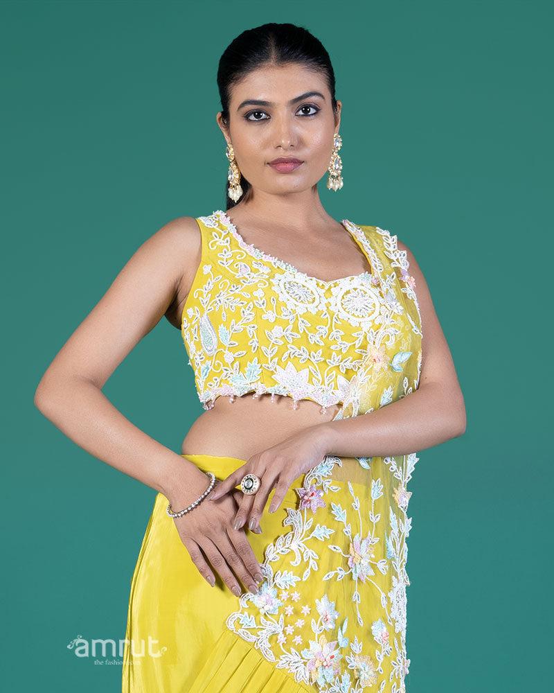 Lime Yellow Ready-to-Wear Saree with Embroidered Crop Blouse