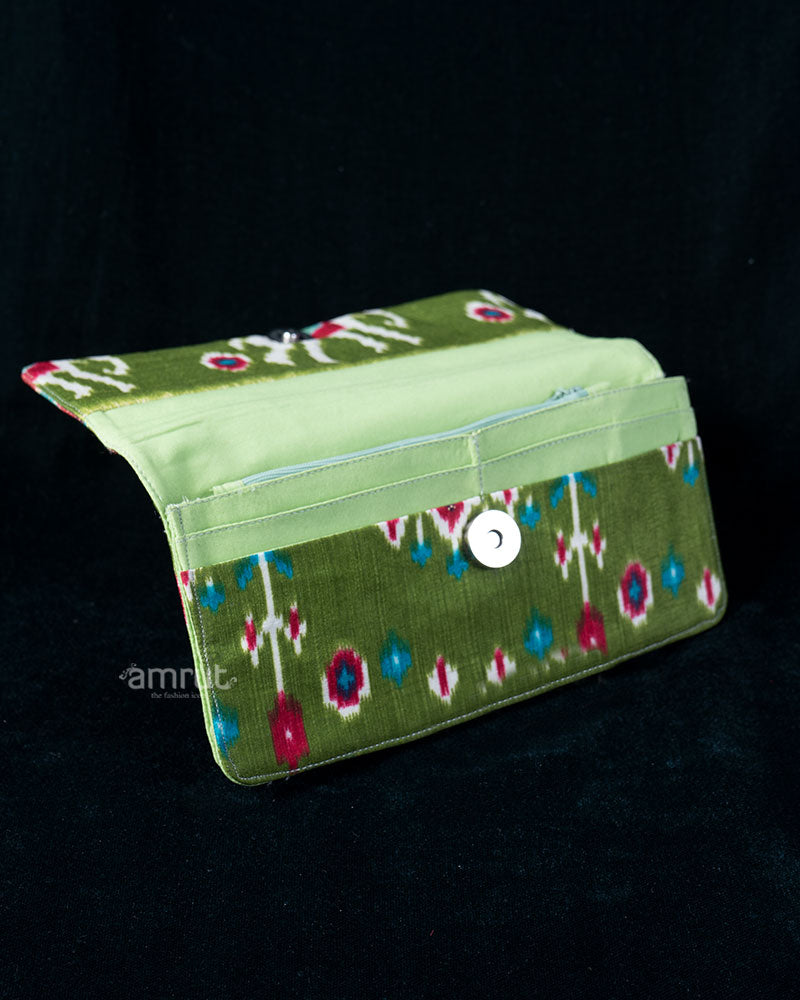 Pink Ikat Animal Motif Wallet with Olive Green Contrast