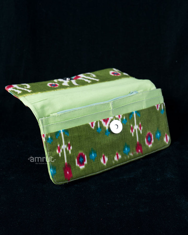 Pink Ikat Animal Motif Wallet with Olive Green Contrast