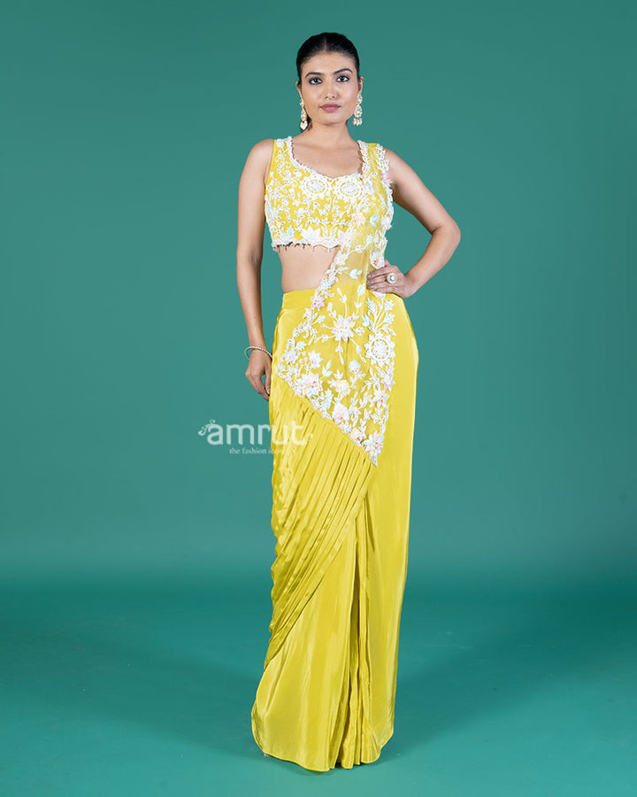 Lime Yellow Ready-to-Wear Saree with Embroidered Crop Blouse