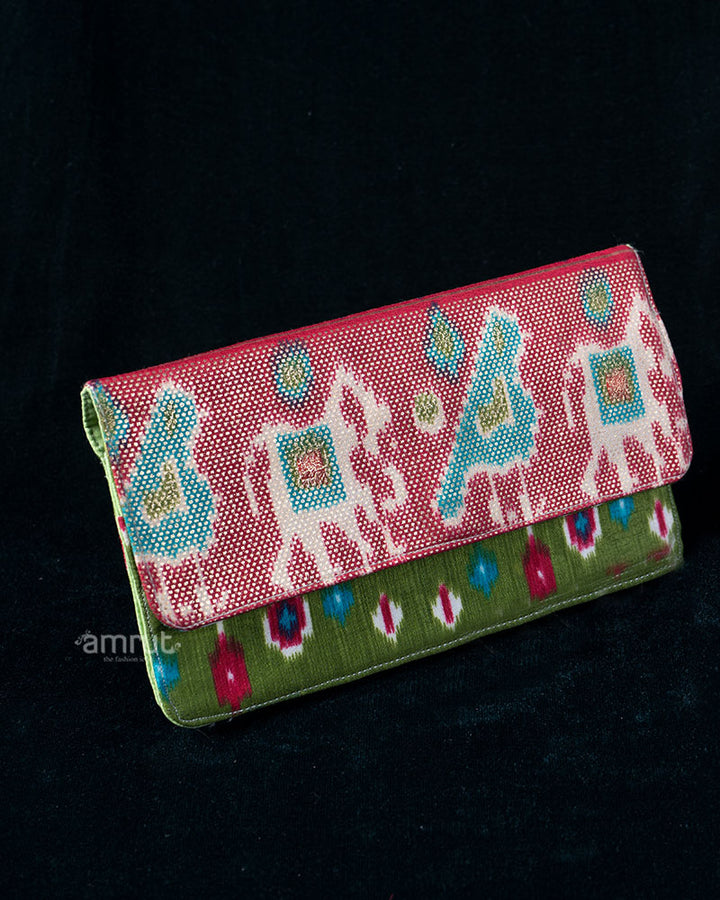 Pink Ikat Animal Motif Wallet with Olive Green Contrast