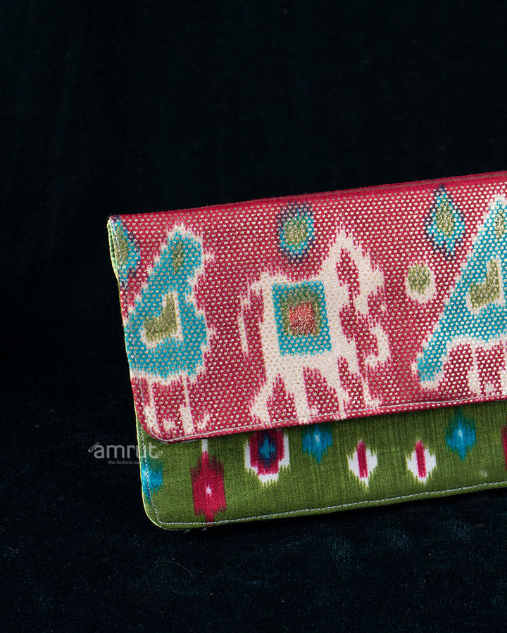 Pink Ikat Animal Motif Wallet with Olive Green Contrast