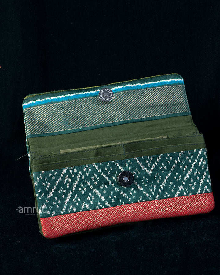 Teal Ikat Layered Wallet with Crimson Diamond Border