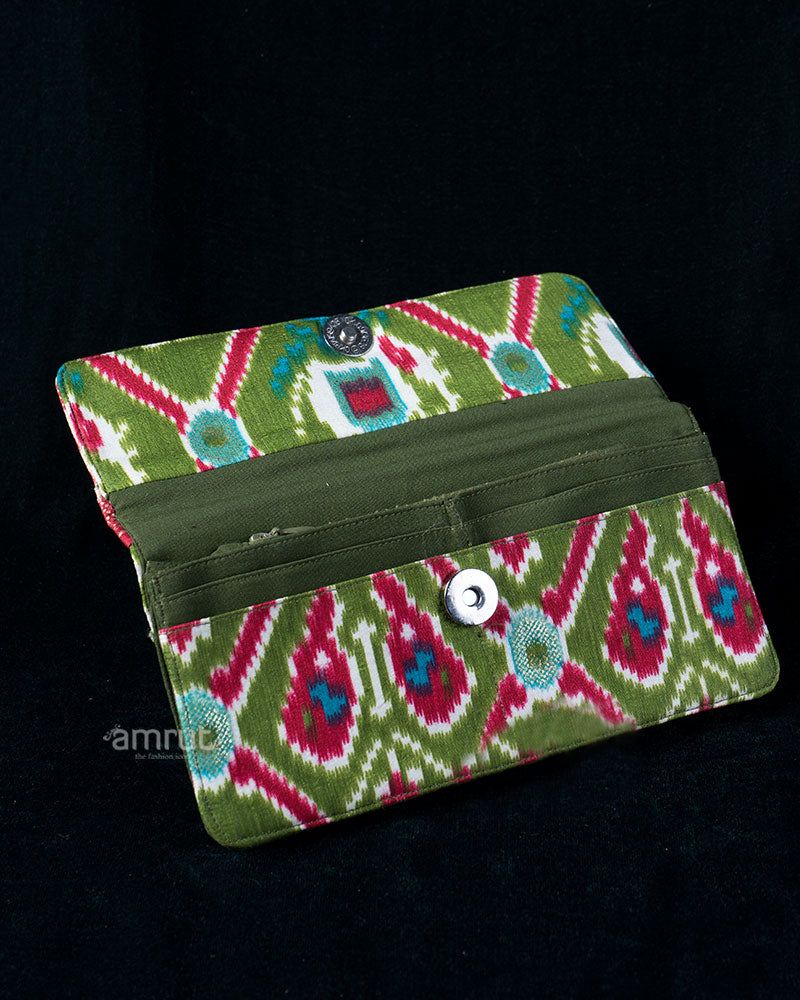 Pink and Olive Green Ikat Wallet with Geometric Prints