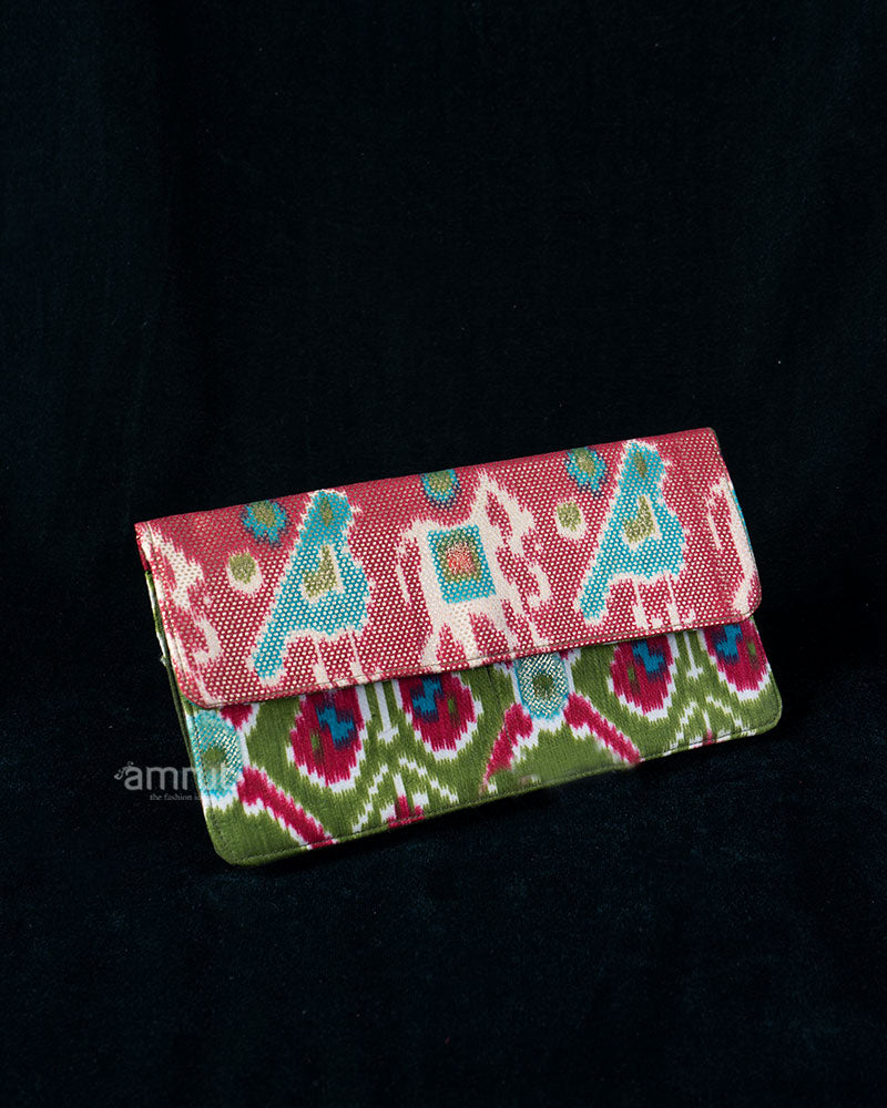 Pink and Olive Green Ikat Wallet with Geometric Prints