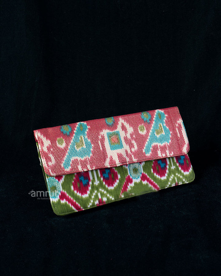 Pink and Olive Green Ikat Wallet with Geometric Prints