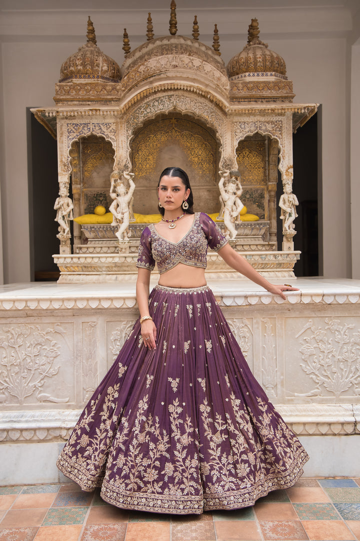 Wine Floral Hand-Embroidered Lehenga Choli with Dupatta