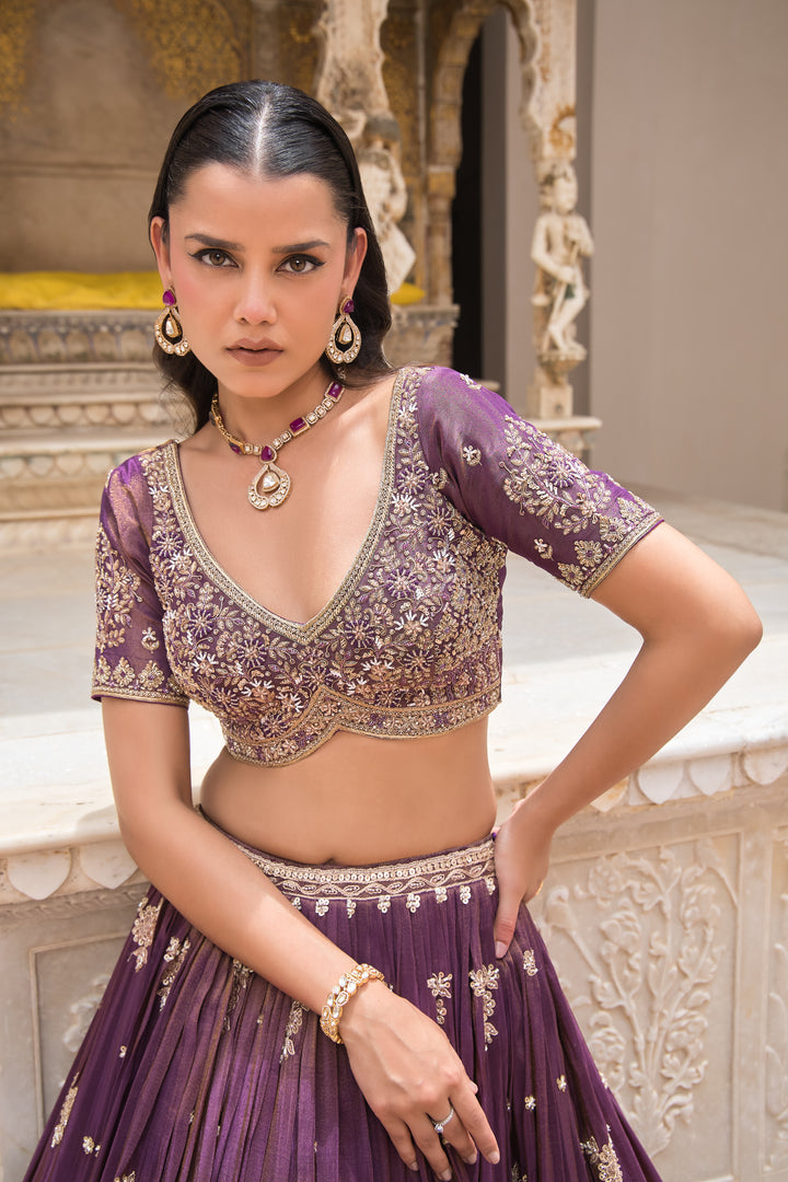 Wine Floral Hand-Embroidered Lehenga Choli with Dupatta