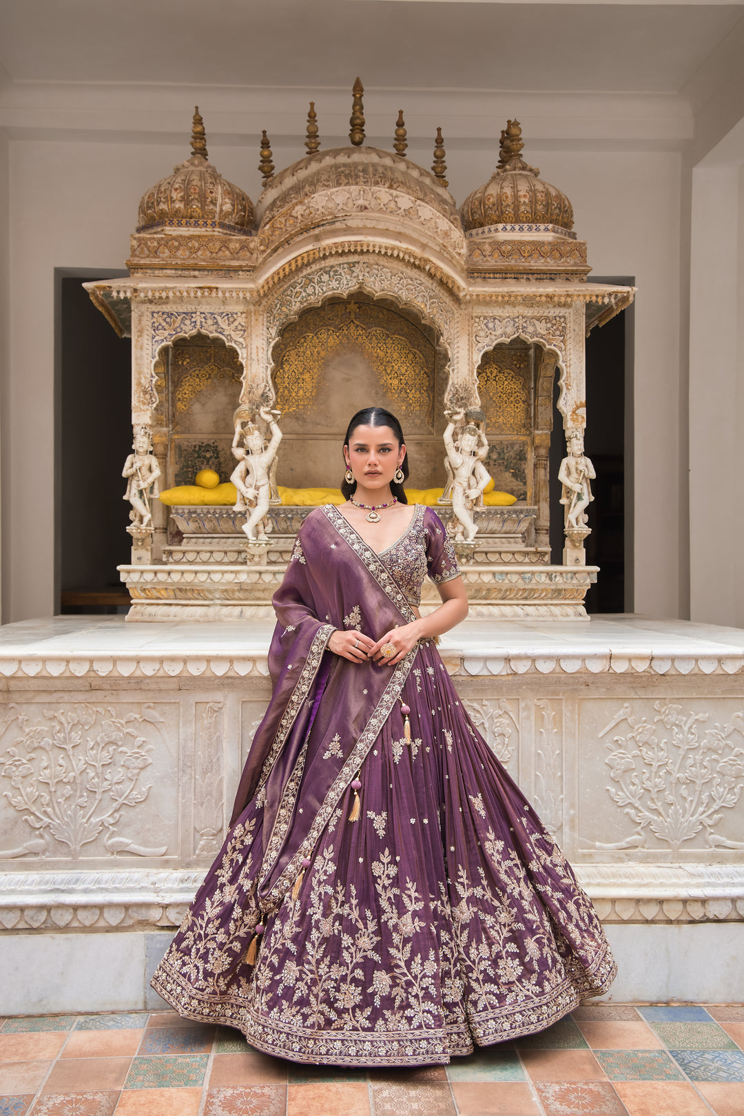Wine Floral Hand-Embroidered Lehenga Choli with Dupatta