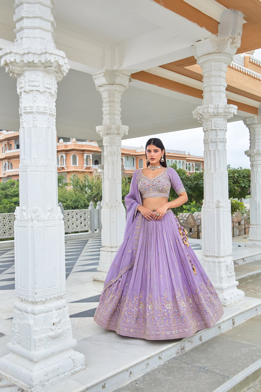 Lavender Threadwork & Mirror Embroidered Lehenga Choli with Dupatta