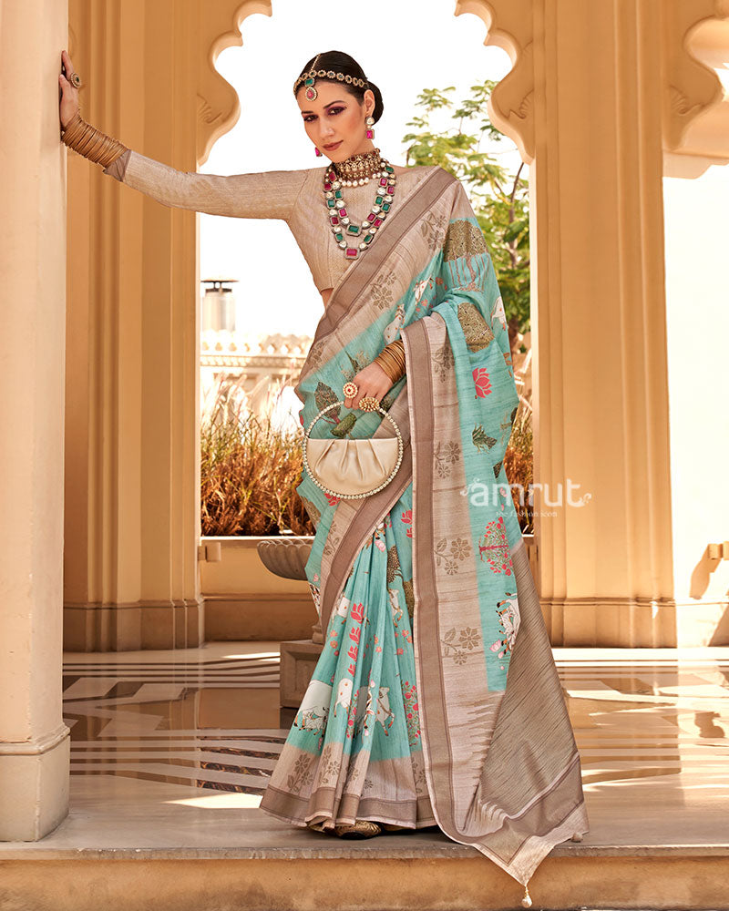 Aqua Blue with Light Brown Border Printed Saree and Unstitched Blouse, image size:800x1000