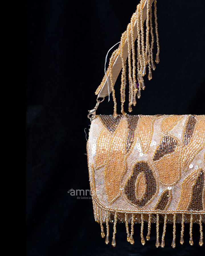 Beige Beaded Animal Print Handbag with Golden Fringe Strap 02