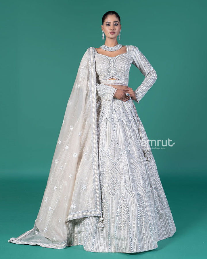 Beige Silver Embellished Lehenga Choli with Embroidered Dupatta 01