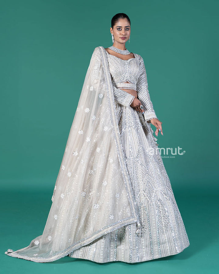 Beige Silver Embellished Lehenga Choli with Embroidered Dupatta 04