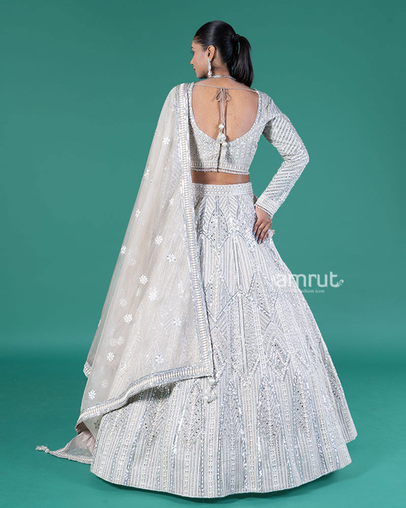 Beige Silver Embellished Lehenga Choli with Embroidered Dupatta 05